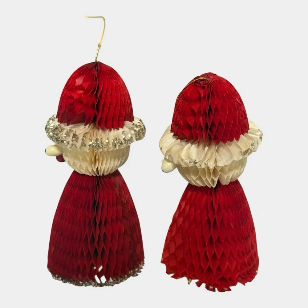 Honeycomb Paper Santa Ornaments Set of 6 Original Box c1950s Christmas Vintage